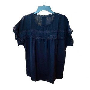 NWOT Ecrocoo women’s short sleeve flowy lace button-back blouse SZ L black